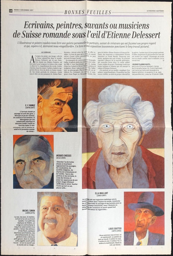 Zeitungsartikel zur Ausstellung von Etienne Delessert in der Galerie Paul Vallotton in Lausanne (7. Dezember 1997, Le Quotidien) mit fünf farbitgen Abbildungen von gemlten kopfportraits des Malers Etienne delessert