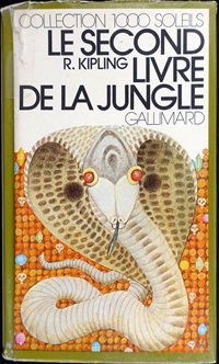 Schutzumschlag von Etienne Delessert für das buch "Le second livre de la jungle" von Rudyard Kipling im Verlag Gallimard, 1974. Das bild zeigt die zeichnung einer bunten aufgerichteten kobra /schlange welche direkt auf den betrachter blickt.