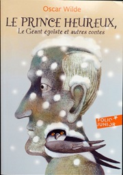 buchumschlag mit der zeichnungen eines seitlichen kopfportraits eines mannes mit schneebedeckten haaren, eine schwalbe sitzt auf seiner schulter, schneeflocken fallen für eine Buch von Oscar wilde (le prince heureux)