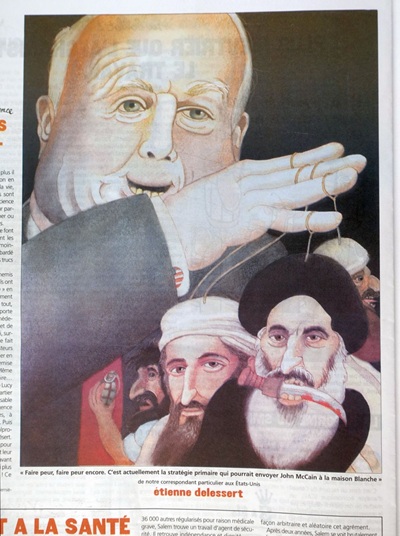 Karikatur von Etienne Delessert, zeigt einen älteren Mann (John McCain) welcher als marionettenspieler mit muslimischen stammesführern spielt