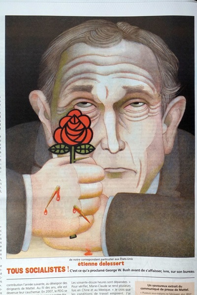 Karikatur von Etienne Delessert, zeigt einen älteren Mann (George W. Bush) mit grauen gesicht und einer rose in der hand, deren dornen seine hand durchstechen.