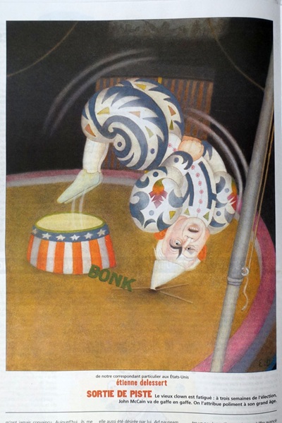 Karikatur von Etienne Delessert, zeigt einen älteren Mann (John McCain) als clown, welcher in einer zirkusmanege einen salto macht und stürzt.