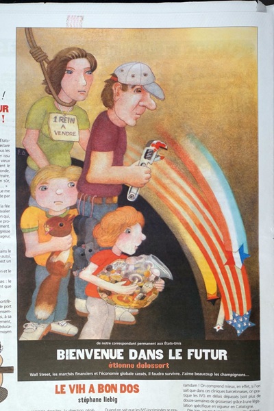 Karikatur von Etienne Delessert, zeigt eine gruppe von menschen und schweifsterne, welche in einen abgrund fallen als sinnbild der finanzkrise.