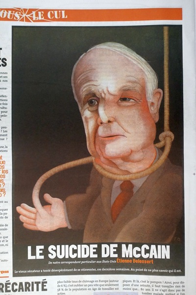 Karikatur von Etienne Delessert, zeigt john mccain, aus dessen hand ein strick wächst, welches gleichzeigit sein galgenstrick ist