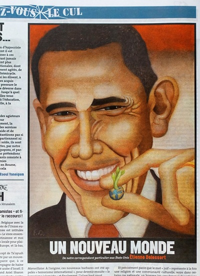 Karikatur von Etienne Delessert, zeigt den lächelnden barack obama. 