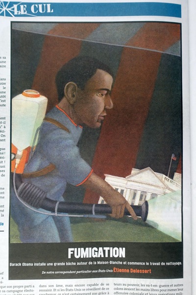 Karikatur von Etienne Delessert, zeigt barack obama mit einem kanister auf dem rücken und einem schlauch in der hand, eine flüssigkeit versprühend (synonym für Reinigung des weissen hauses)