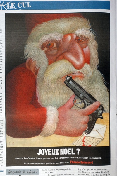 Karikatur von Etienne Delessert, zeigt einen traurigen weihnachtsmann mit einer pistole in der hand, die er auf sich selber richtet, auf dem tisch eine grafik von fallenden aktienkursen