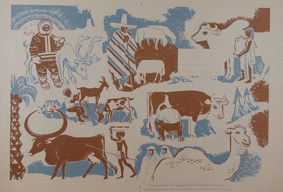 Grafik des schweizer Künstlers René Gilsi, eine Collage mit verschiedenen Tieren und Figuren, darunter ein Eskimo, Rentiere, Kühe, Ziegen und ein Kamel, in blauen und braunen Farben.