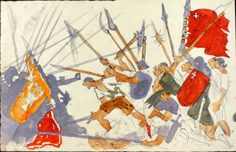 Aquarell des jungen schweizer Künstlers René Gilsi, Eine Gruppe von Kriegern mit Speeren und Schilden in einem Kampf, umgeben von Fahnen des Schweizer kantons Schwyz, vermutlich schlacht von morgarten.