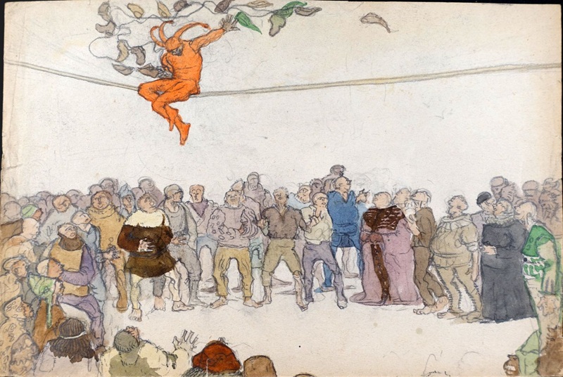 Aquarell des jungen schweizer Künstlers René Gilsi, eine Gruppe von Menschen schaut zu, während eine orangefarbene Figur (vermutlich Till Eulenspiegel) an einem Seil hängt und Blätter fallen.