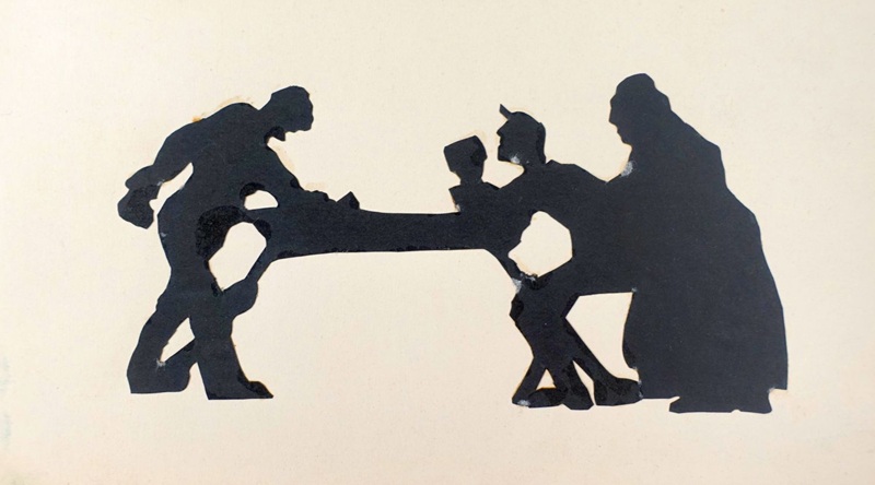 Scherenschnitt-Arbeit des jungen René Gilsi, Silhouetten von drei Personen, die an einem Tisch stehen und miteinander interagieren.