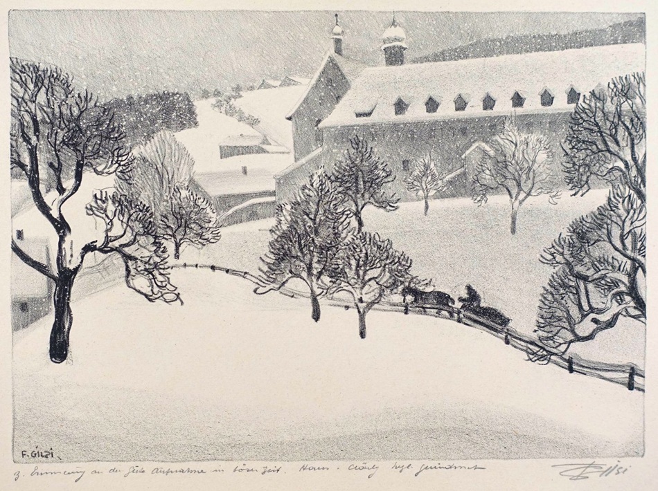 schwarz-weiss-zeichnung einer winterlandschaft mit einem kloster an einem hügel und einer kutsche, welche den berg hoch fährt. Zeichnung des Schweizer Malers Fritz Gilsi.