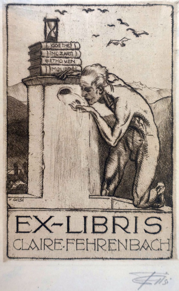 Ex Libris für Claire Fehrenbach mit einer Darstellung eines knienden Mannes, der aus einem Gefäß Wasser schöpft, umgeben von Büchern und einer Landschaft.