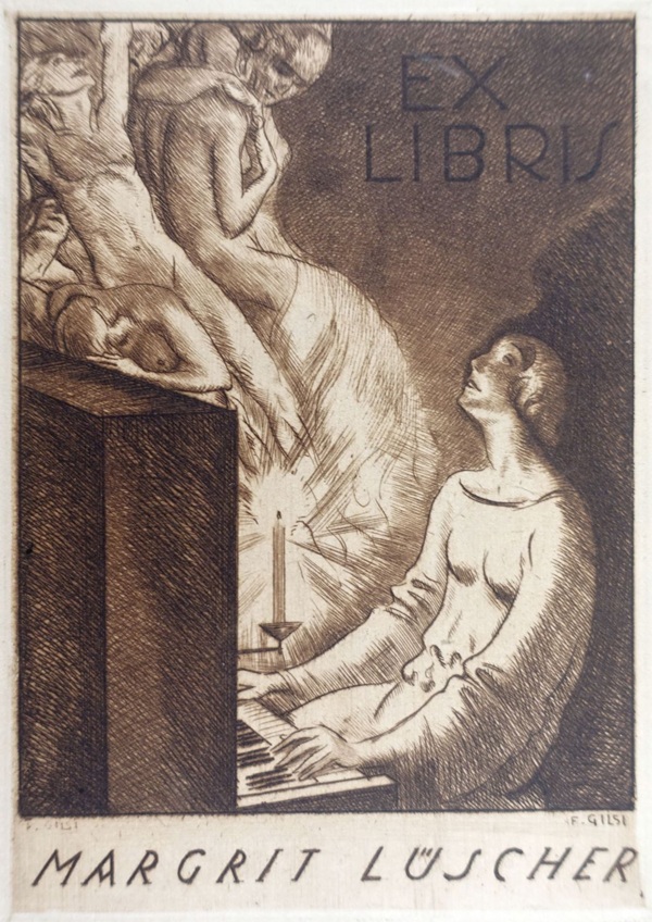 Ex Libris, Radierung von Fritz Gilsi für Margrit Lüscher, zeigt eine Frau am Klavier mit einer Kerze und figürlichen Darstellungen im Hintergrund.