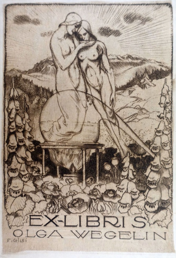 Ex Libris, Radierung von Fritz Gilsi für Olga Wegelin mit zwei nackten Figuren in einer Landschaft, umgeben von Pflanzen.