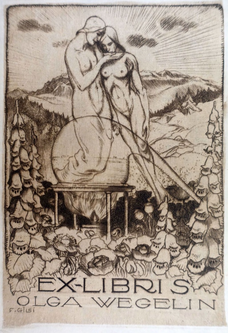 Ex Libris, Radierung von Fritz Gilsi für Olga Wegelin mit zwei nackten Figuren in einer Landschaft, umgeben von Pflanzen.