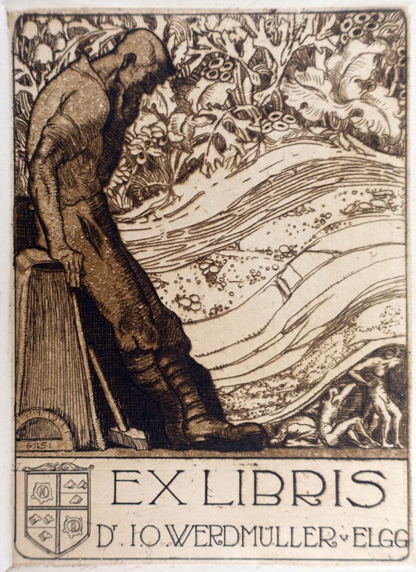 Ex Libris für Dr. I.O. Werdmüller v. Elgg mit einer Darstellung eines sitzenden Mannes und einer Landschaft im Hintergrund.
