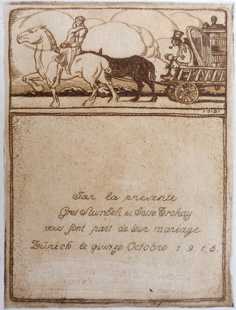 Radierung des Schweizer Malers und Grafikers Fritz Gilsi für eine Hochzeitsanzeige. Das bild zeigt eine weisses pferd, auf welchem ein umgschlungenes Paar sitzt, dabei an einer kutsche mit einem schwarzen Pferd vorbeireitet. 