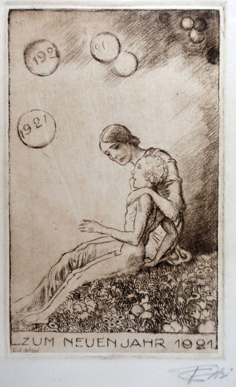 Radierung von Fritz Gilsi aus dem Jahr 1921, zeigt zwei sitzende Menschen, eine Frau /Mutter, welche liebevoll einen arm um ein Kind legt, beide sitzen auf einer blumenwiese