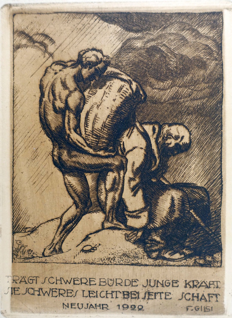 Radierung von Fritz Gilsi aus dem Jahr 1922, zeigt zwei menschen, eine nackte, kräftige männerfigur, welche einer gebückt sitzenden älteren Person eine schwere last abnimmt