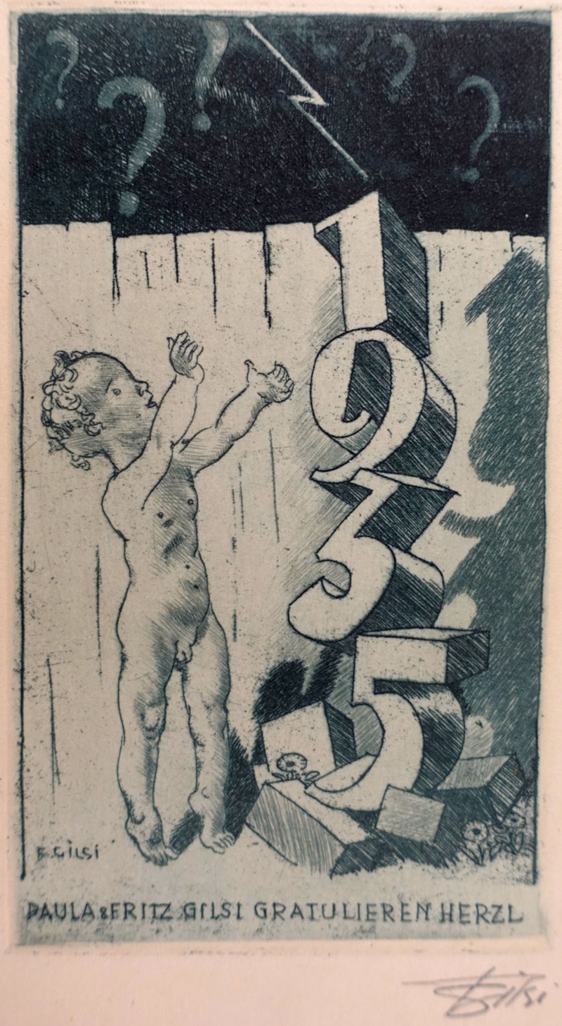 Radierung von Fritz Gilsi aus dem Jahr 1935, zeigt ein nacktes kleinkint, welches die zahlen 1935 als turm aufgestapelt hat, der dunkle himmel ist mit fragezeichen übersäht und von einem grellen Blitz durchschnitten 