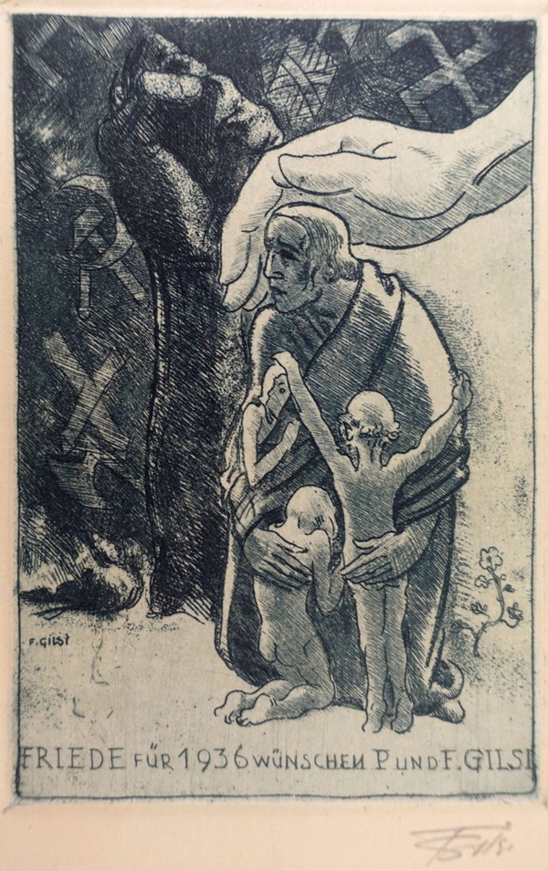 Radierung von Fritz Gilsi aus dem Jahr 1936, zeigt eine verängstigte Frau mit drei kleinen Kindern. Eine grosse schütztnede hand umfasst diese Personengruppe, welche schutz und frieden symbolisieren können.