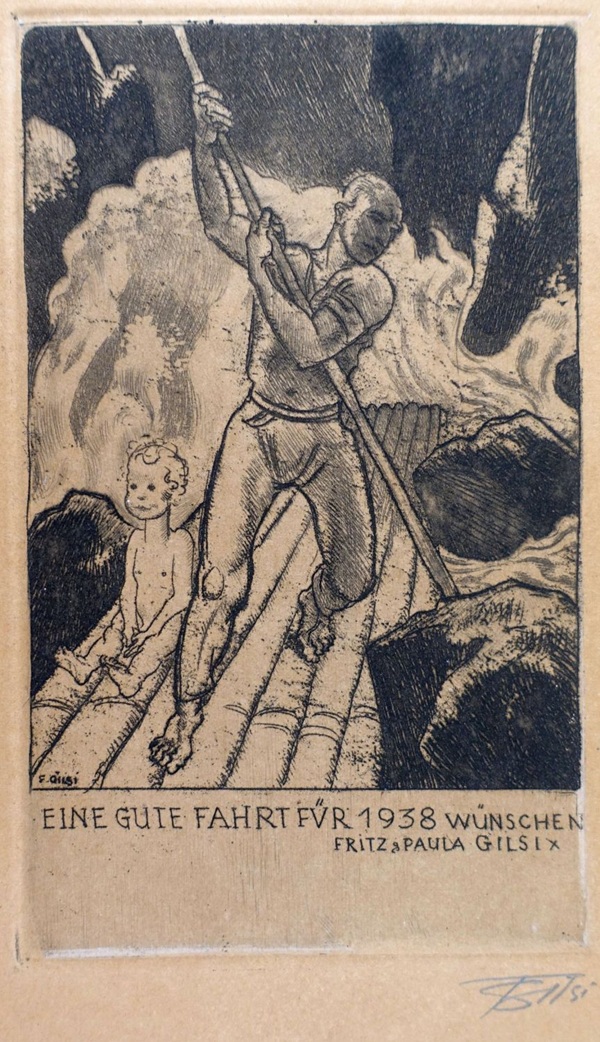 Radierung von Fritz Gilsi aus dem Jahr 1938, die einen Mann und ein Kind auf einem Floß in stürmischer see darstellt als symbol für die wirren und unsicherheite in kriegszeiten.