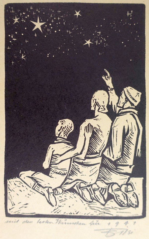 Drei Personen sitzen auf dem Boden und schauen in den Sternenhimmel, während eine Person mit dem Finger auf einen Stern zeigt. Holzschnitt von fritz gilsi aus dem jahr 1941, symbolisiert hoffnung in kriegszeiten.