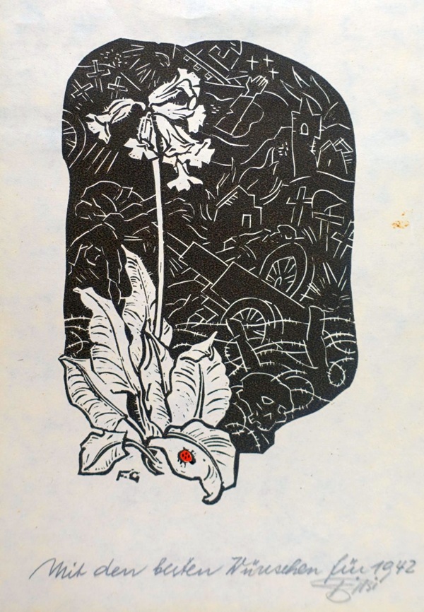 Zweifarbiger Holzschnitt mit einer SChlüüsselblume und abstrakten Motiven im Hintergrund, handsigniert und datiert auf 1942. symbolisiert vermutlich hoffnung und friede in kriegszeiten.
