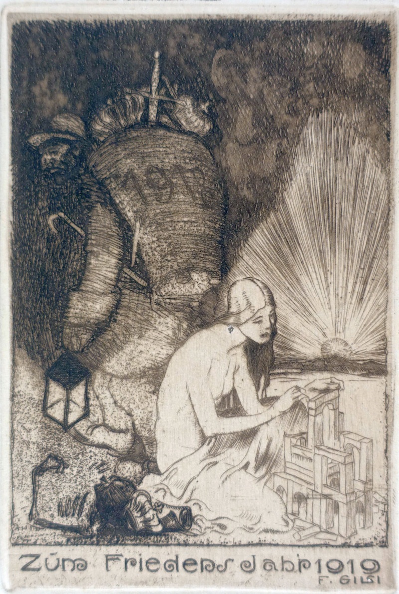 Radierung von Fritz Gilsi aus dem Jahr 1918, zeigt weilbliche figur im Licht der aufgehenden Sonne in einer sonst eher düsteren Umgebung. Symbolisiert die Hoffnung auf ein besseres Leben (Friedensjahr) im Jahr 1919.