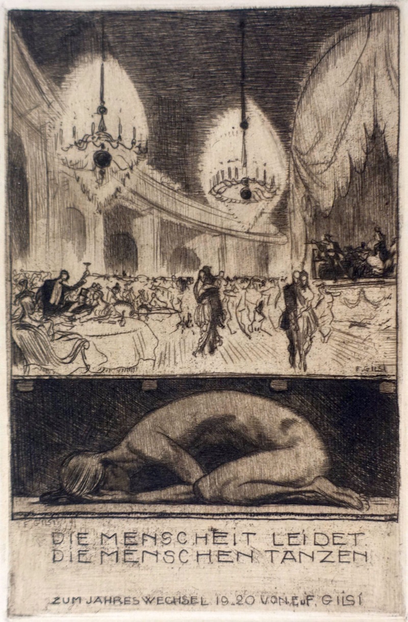 Radierung von Fritz Gilsi aus dem Jahr 1919, zeigt eine gebückte nackte figur versteckt im Unterboden eines grossen und hell erleuchteten ballsaals mit tanzenden Menschen. Symbolisiert die Freude und das Leid von verschiedenen Menschengruppen nach Ende des ersten Weltkriegs.
