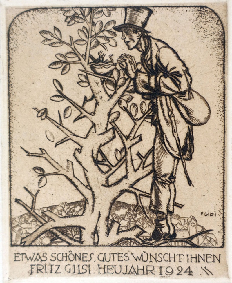Radierung von Fritz Gilsi aus dem Jahr 1923, zeigt eine männchliche Person mit Mantel und Zylinder, welche hoch oben auf einem baum mit freundlichem Gesicht in ein Vogelnest mit jungen Vögeln blickt. Symbolisiert eine aufbruchstimmung und hoffnung für Jugend und Wachstum für das Jahr 1924.