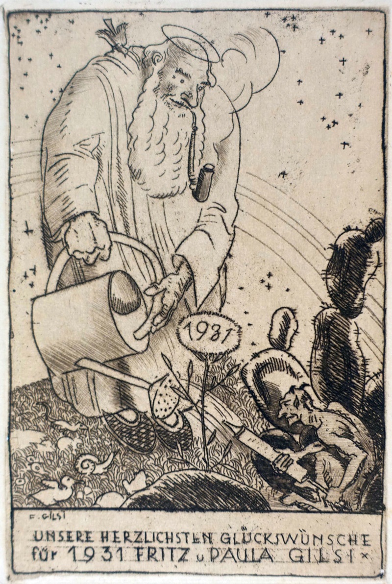 Radierung von Fritz Gilsi aus dem Jahr 1930, zeigt eine grosse christlich geprägte männliche person mit bart und heiligenschein und einer grossen Giesskanne, eine junge Pflanze giessen. Gleichzeitig ein kleiner Teufel aus dem Schatten, welcher mit einer spritze (Gift?) das Pflanzenwachstum bekämpft. Symbolisiert den Kampf zwischen gut und böse im Jahr 1931 im Vorfeld des zweiten Weltkriegs.