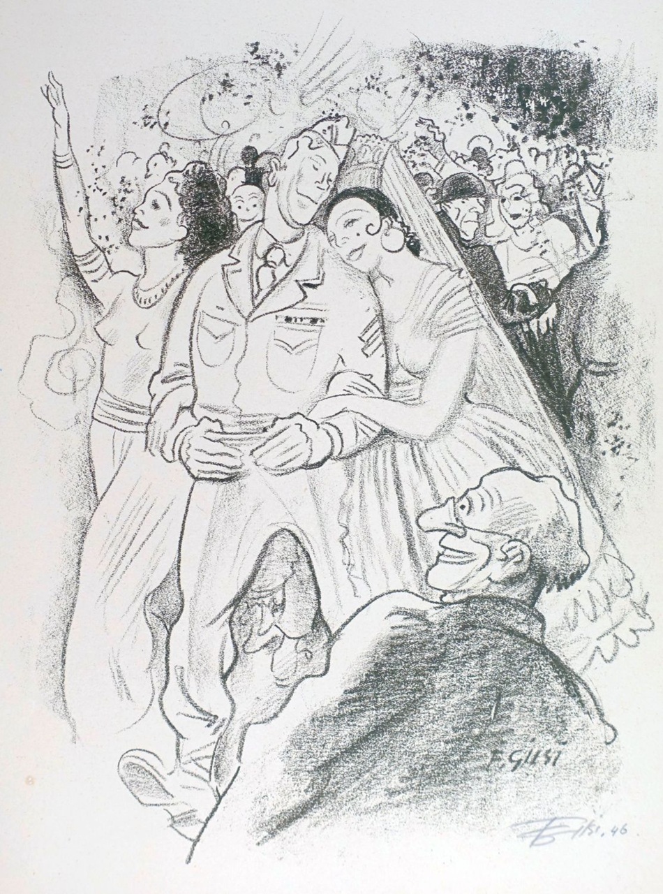 Zeichnung des schweizer Künstlers Fritz Gilsi von 1946, zeigt eine fröhliche Menschenmenge, darunter ein Mann in Uniform und zwei Frauen, die sich an ihn lehnen.