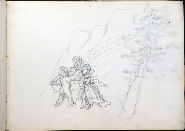 Skizze / Zeichnung des schweizer Künstlers Fritz Gilsi, drei Figuren, darunter ein Kind und zwei Erwachsene, vor einer Berglandschaft mit Bäumen.