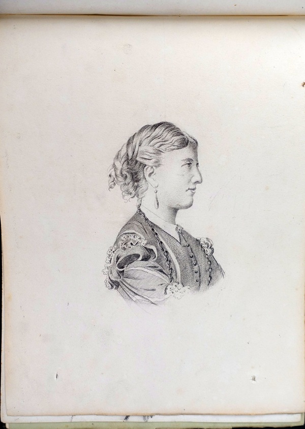 Skizze / Zeichnung des schweizer Künstlers Fritz Gilsi um 1910, Frau im Profil mit lockigem Haar und einem eleganten Kleid.