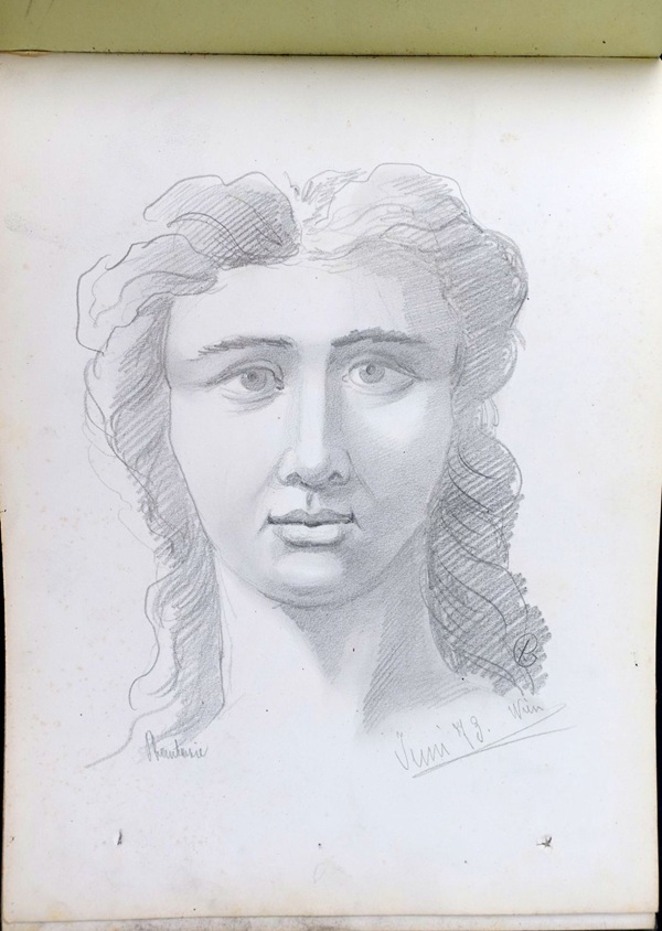 Skizze / Zeichnung des schweizer Künstlers Fritz Gilsi um 1910, weibliches Gesicht mit langen, lockigen Haaren und vollen Lippen.