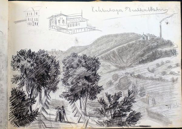Skizze / Zeichnung des schweizer Künstlers Fritz Gilsi um 1910, Landschaft mit Bäumen, Hügeln und Gebäuden im Hintergrund.