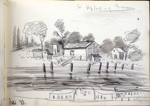 Skizze / Zeichnung des schweizer Künstlers Fritz Gilsi um 1910, Landschaft mit Häusern und Bäumen am Wasser