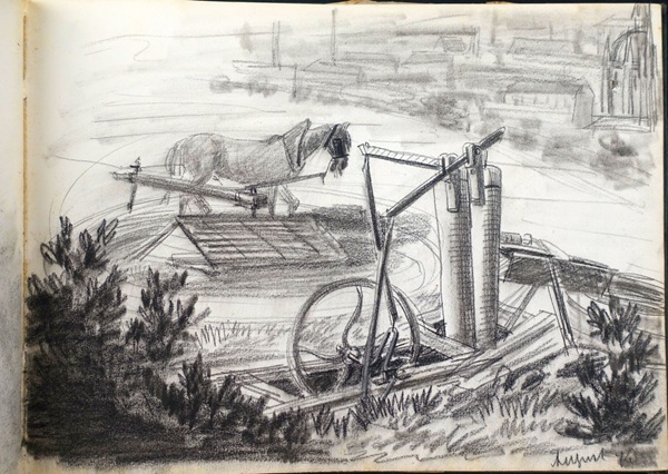 Skizze / Bleistift-Zeichnung des schweizer Künstlers Fritz Gilsi um 1910, zeigt ein Pferd mit landwirtschaftlichem Gerät, umgeben von Pflanzen und einem ländlichen Hintergrund.