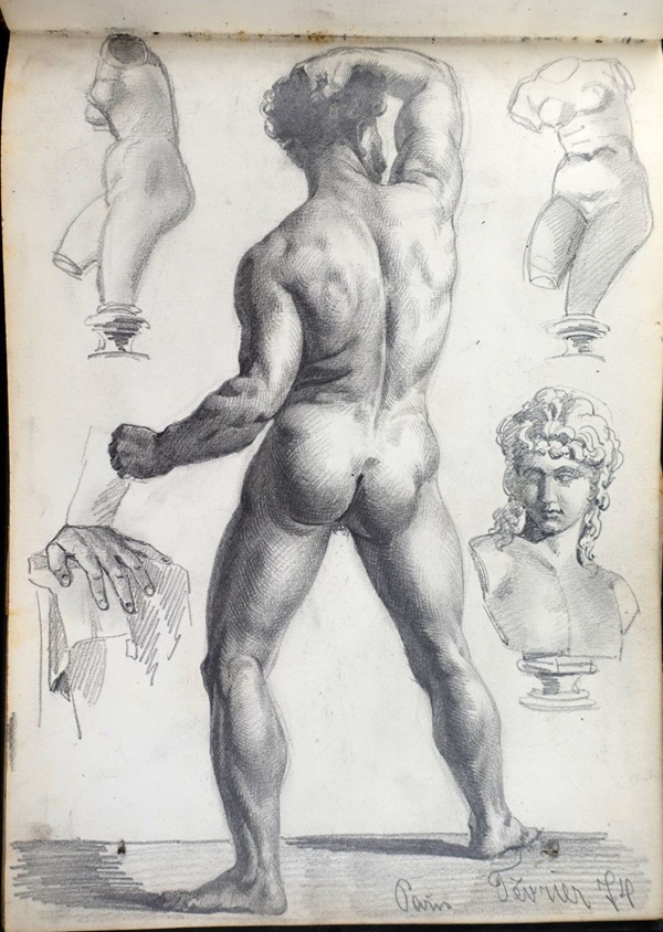 Skizze / Zeichnung des schweizer Künstlers Fritz Gilsi um 1910, Skizzenbuchseite mit verschiedenen Zeichnungen eines männlichen Aktes und Studien von Körperteilen.