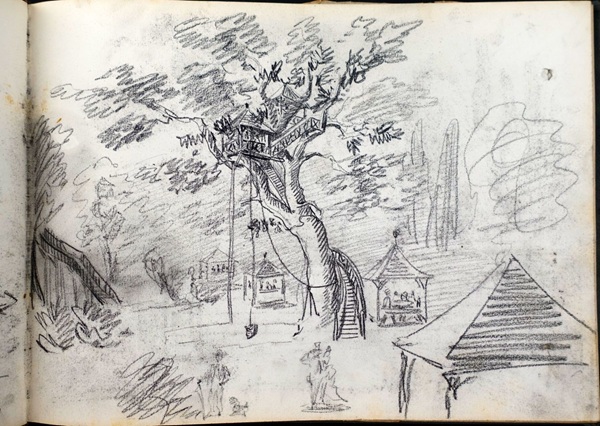 Skizze / Zeichnung des schweizer Künstlers Fritz Gilsi um 1910, skizze eines Baumes mit einer Hütte und Figuren im Vordergrund.