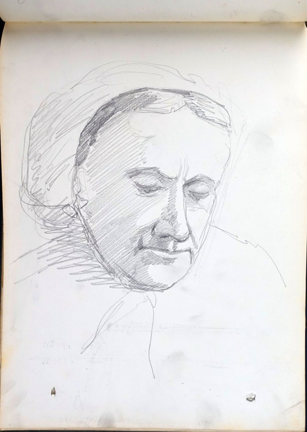 Skizze / Zeichnung des schweizer Künstlers Fritz Gilsi um 1910, Skizze eines nachdenklichen Gesichts mit einem Kopftuch.
