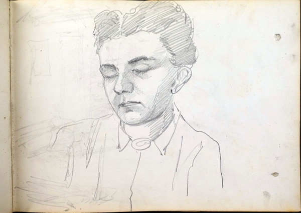 Skizze / Zeichnung des schweizer Künstlers Fritz Gilsi um 1910, Porträts einer jüngeren männlichen Person mit vollem Haar und hemd und geschlossenen Augen