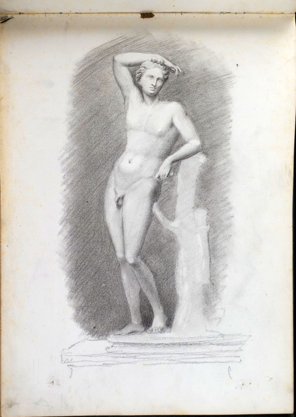 Skizze / Zeichnung des schweizer Künstlers Fritz Gilsi um 1910, Bleistiftzeichnung eines nackten männlichen Aktes, der an einer Statue lehnt.