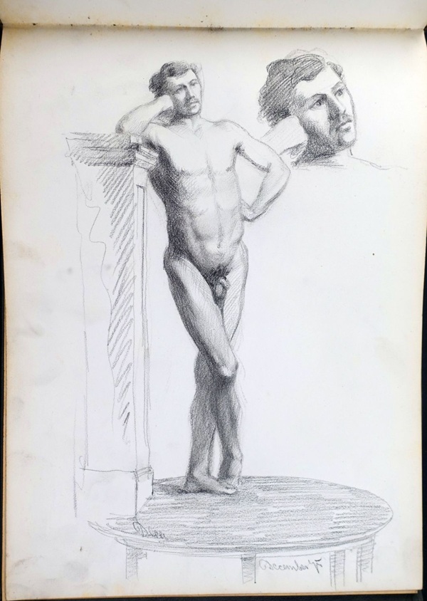 Skizze / Zeichnung des schweizer Künstlers Fritz Gilsi um 1910, Skizze eines männlichen Aktmodells, das an einer Säule lehnt, mit einem Kopfstudie oben rechts.