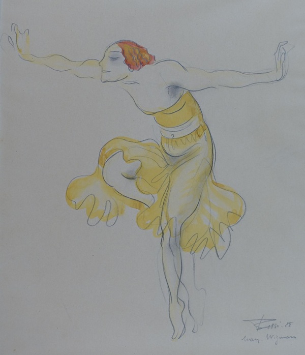 aquarell zeichnung der tänzering mary wigman in bewegung mit gelbem rock