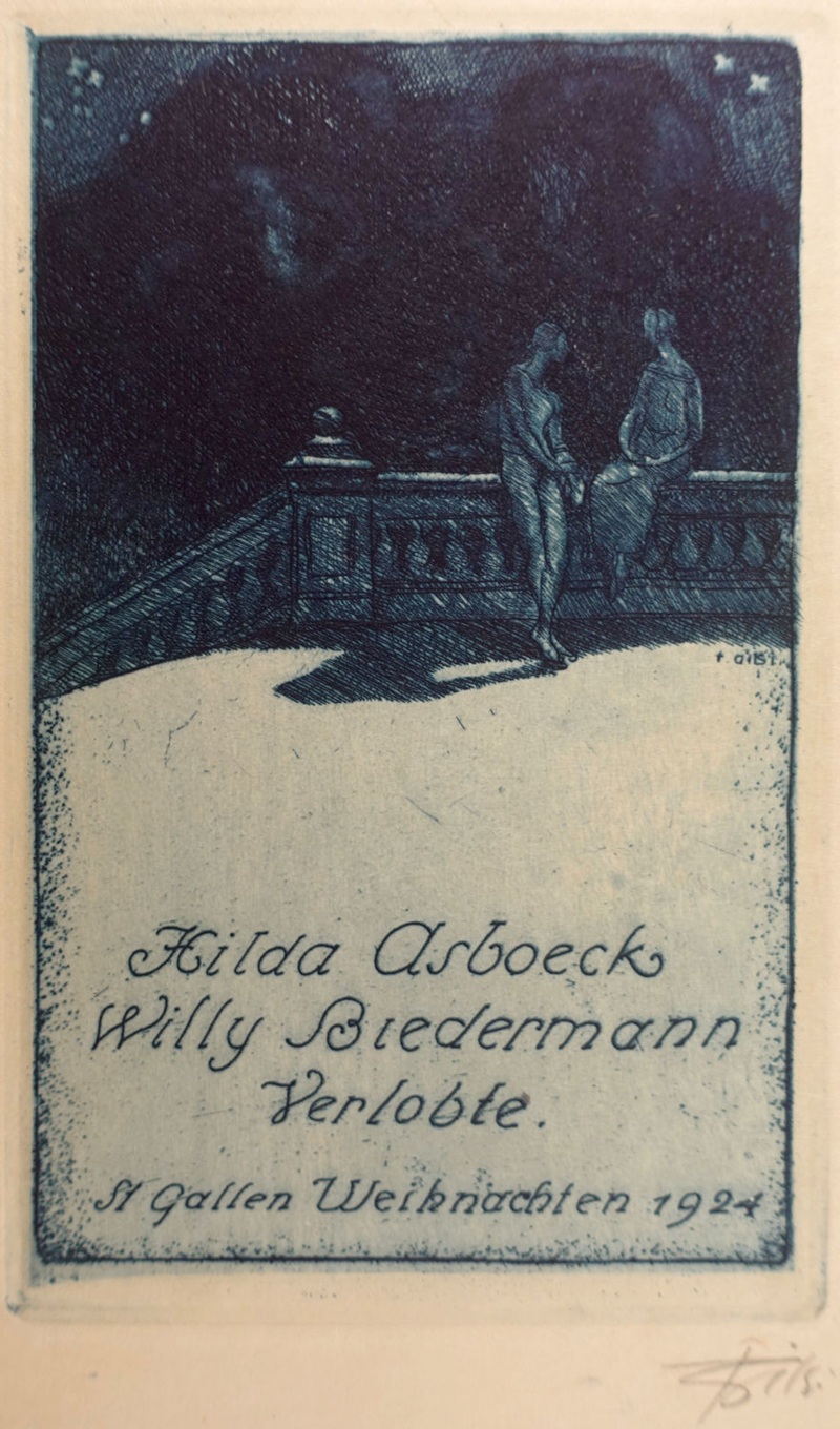 Radierung des Schweizer Malers und Grafikers Fritz Gilsi für eine Verlobungsanzeige. Das bild zeigt ein paar, welches vor sternenklarem nachthimmel in vertrauter zweisamkeit an einem geländer einer grossen Terrasse lehnt.