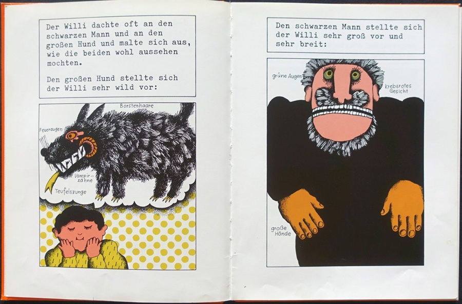 Werner Maurer, Illustration des preisgekrönten Buchs "Der Schwarze Mann und der grosse Hund". Text: Christine Nöstlinger, Beltz & Gelberg, 1981.