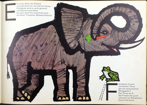 Zeichnung von Celestino Piatti für das Bilderbuch "ABC der Tiere", hier die Illustration zum Buchstaben "E" mit mit einem afrikanischen elefangen, der eine karatto im Rüssel hält